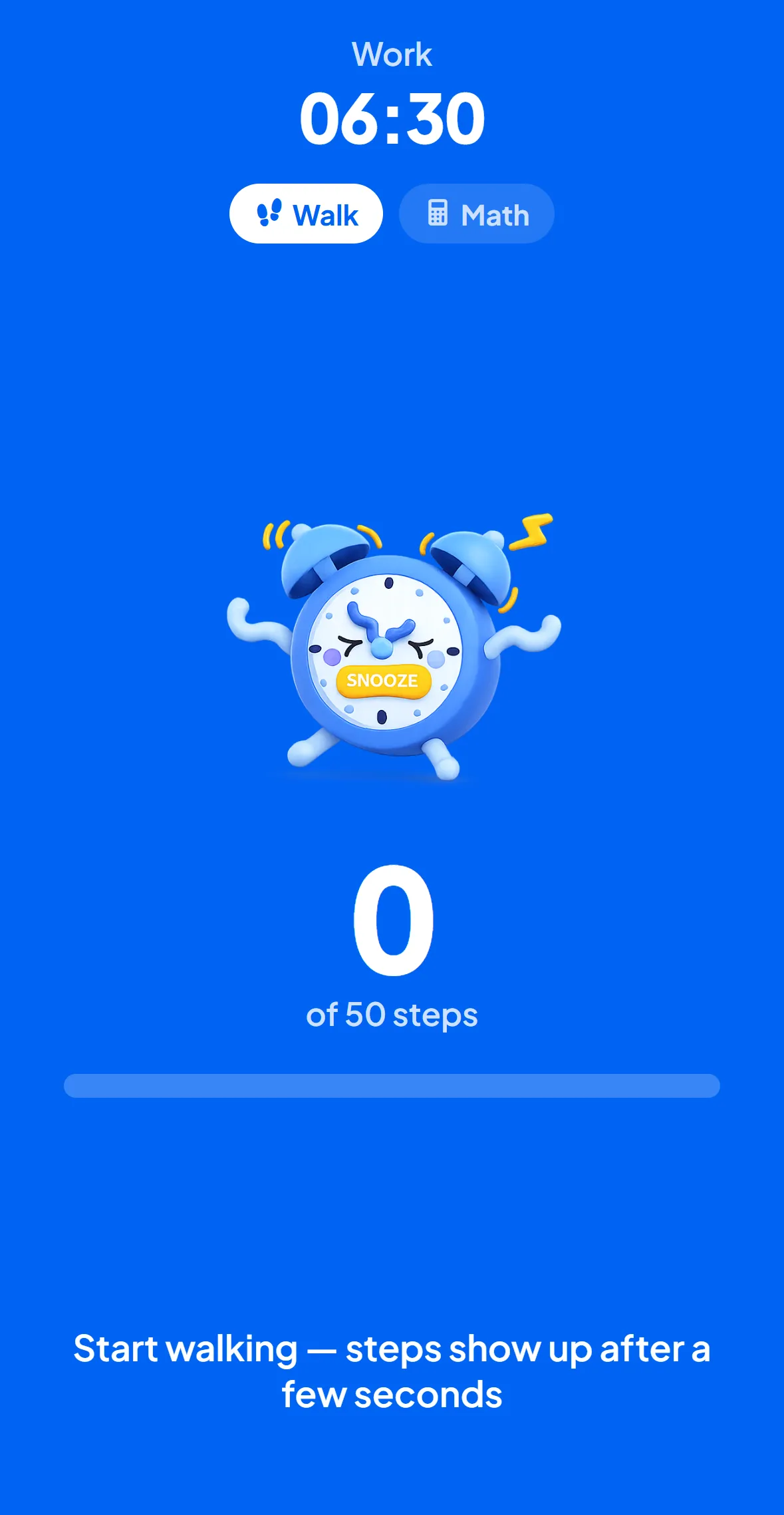 Wakey alarm ringing, choose Walk or Math
