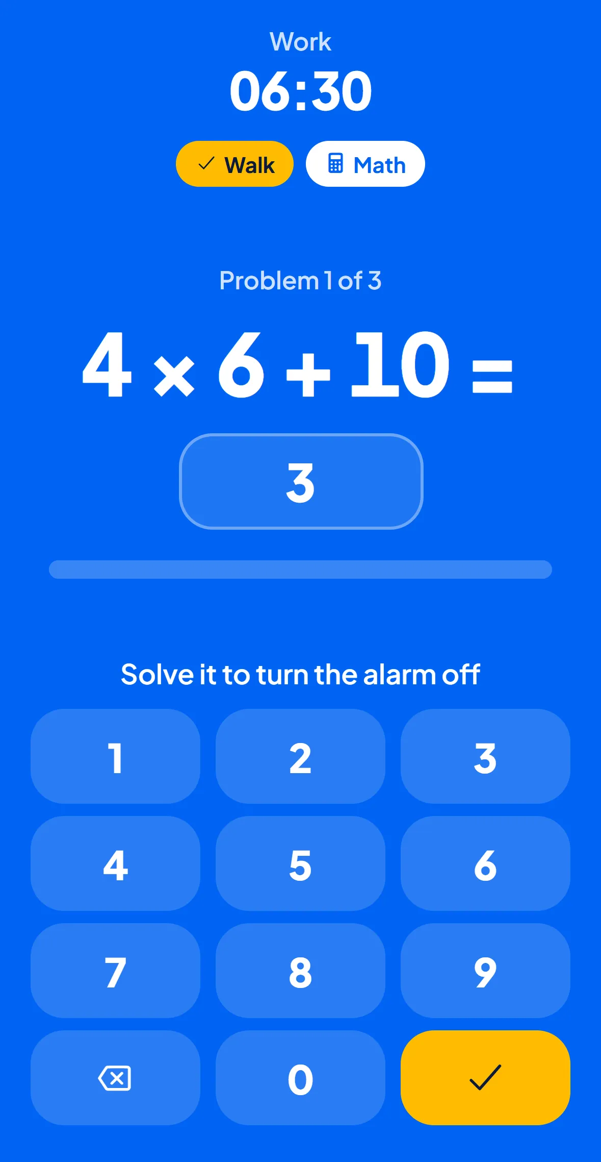 Math game: solve to turn the alarm off