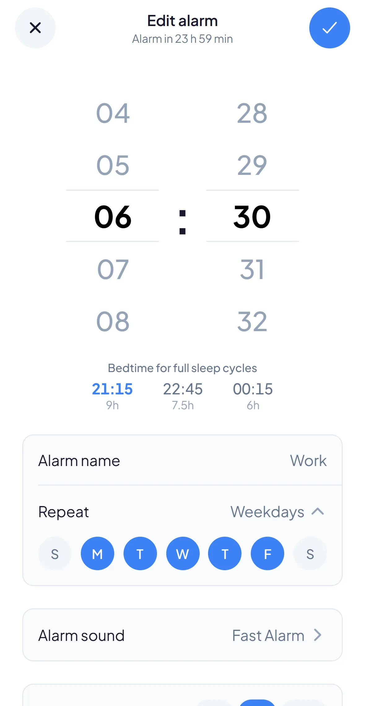 Wakey alarm editor suggesting bedtimes for full sleep cycles