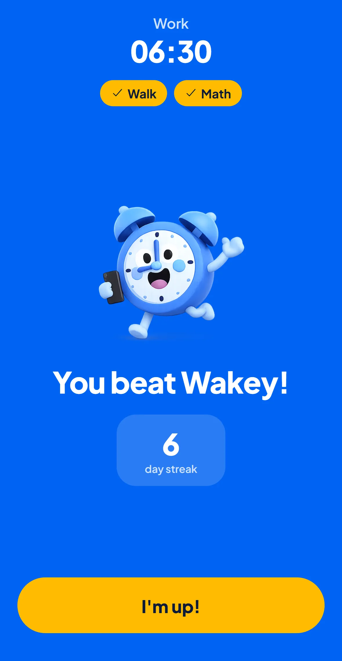 Wakey celebration screen with a 6 day streak